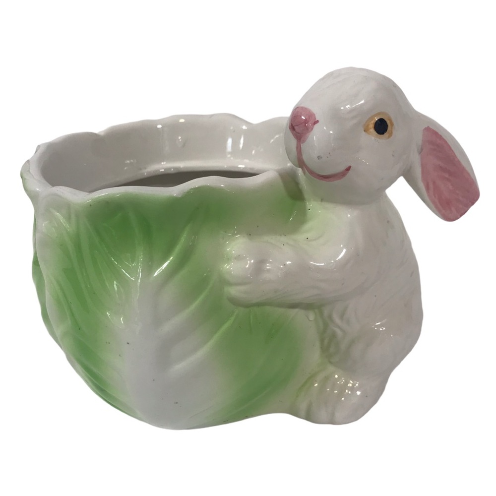 Vintage Ceramic Easter Bunny With Cabbage Candy Holder Home Decor